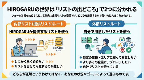 リストの出どころによる2ルートの対比図。左がHIROGARU提供の内部リスト（提供リスト）ルート、右がCSV等を自分で用意する外部リストルートを示すインフォグラフィック。