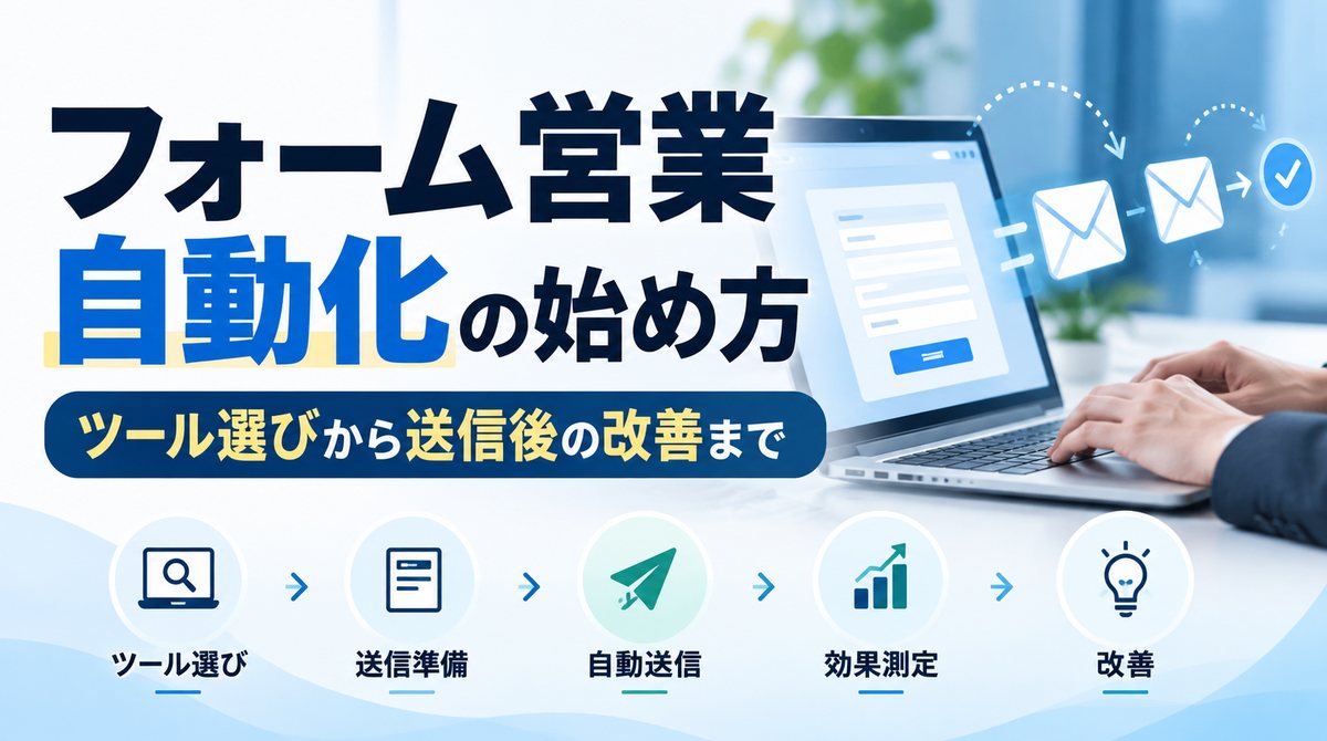 フォーム営業の自動化について、ツール選び、送信準備、自動送信、効果測定、改善の流れを示す図